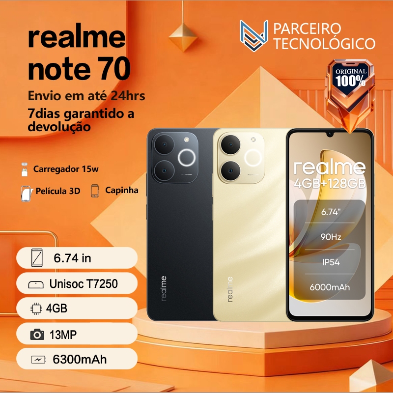 Realme Note 70 4G, Versão Global, 4+128GB RAM, Processador Unisoc