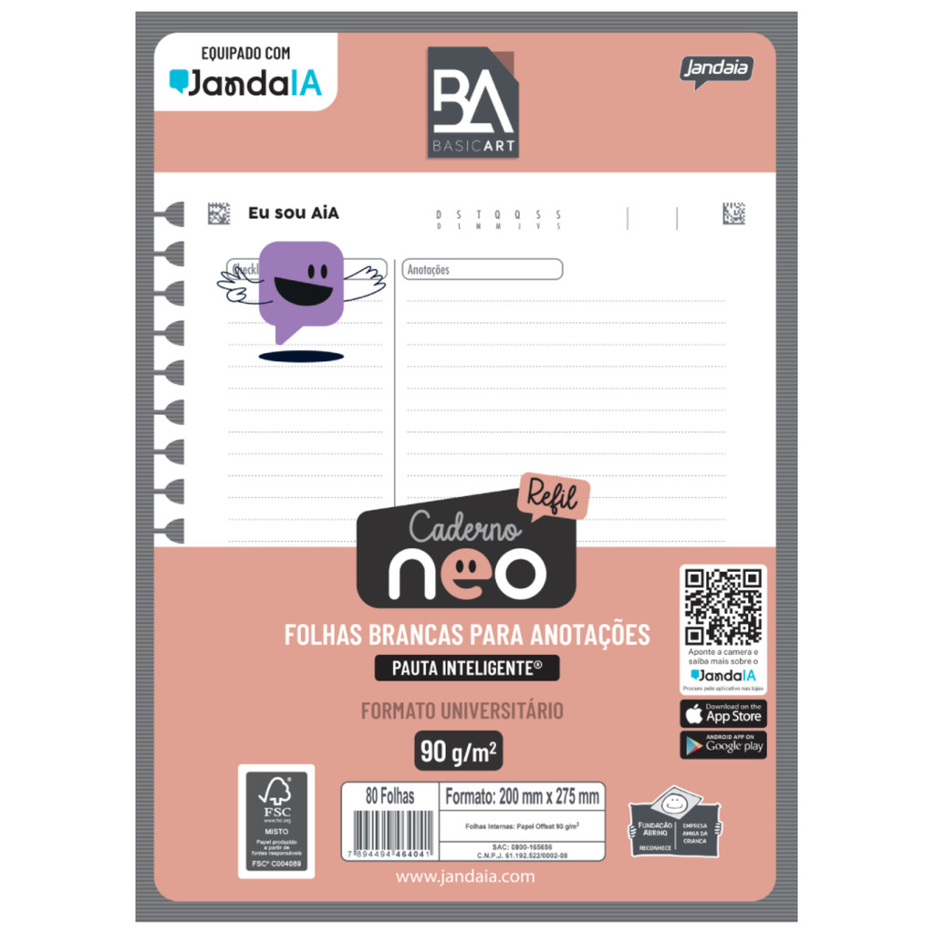 Refil Caderno Neo Com IA Universitário Anotações 80 Folhas 20x27cm