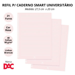 Refil de Folhas Reposicionável para Caderno Smart Universitário Rosa