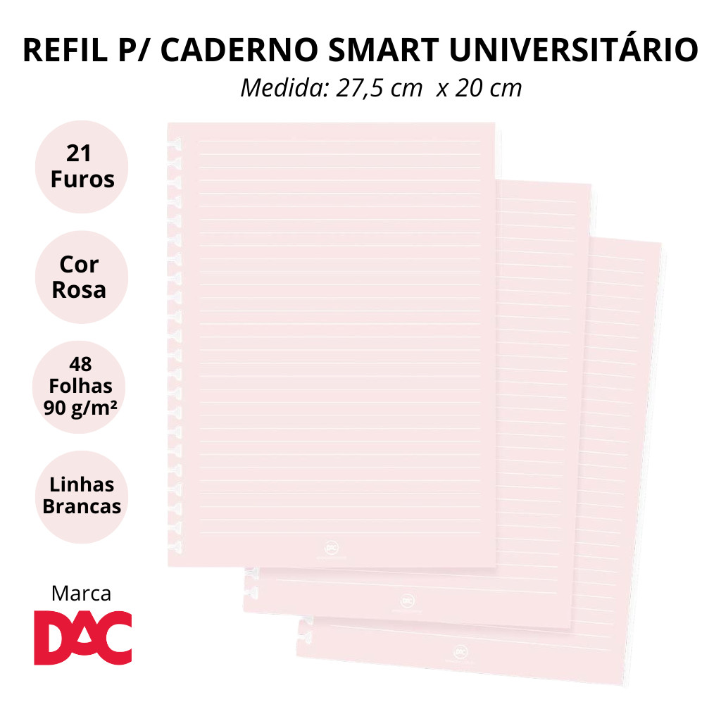 Refil de Folhas Reposicionável para Caderno Smart Universitário Rosa