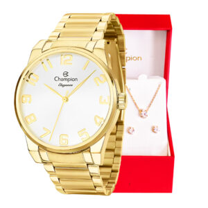 Relógio Champion Feminino Analógico Elegance Dourado Kit Colar e