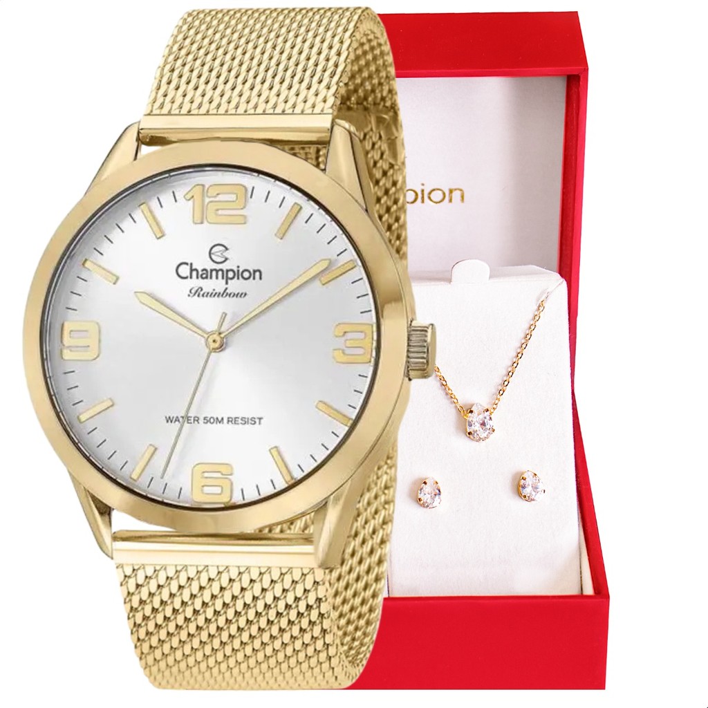 Relógio Champion Feminino Dourado Prova D´Agua Conjunto Brincos e