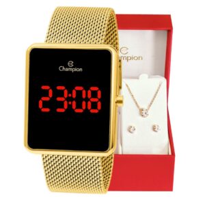 Relógio Digital Feminino Quadrado Dourado Champion Original Conjunto