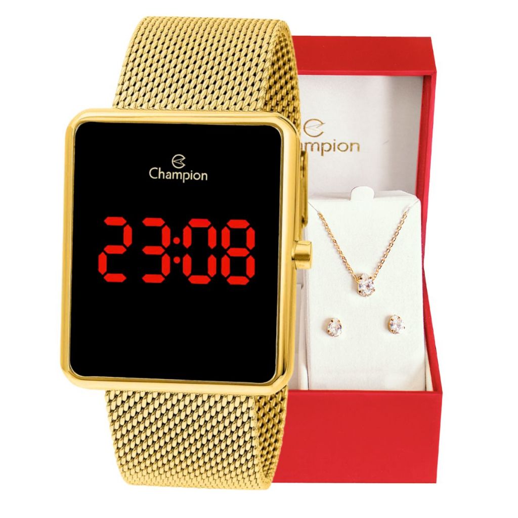 Relógio Digital Feminino Quadrado Dourado Champion Original Conjunto — Relógios e Óculos