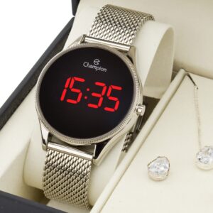 Relógio Digital Prata Champion Led Vermelho Pulseira Esteira Mesh
