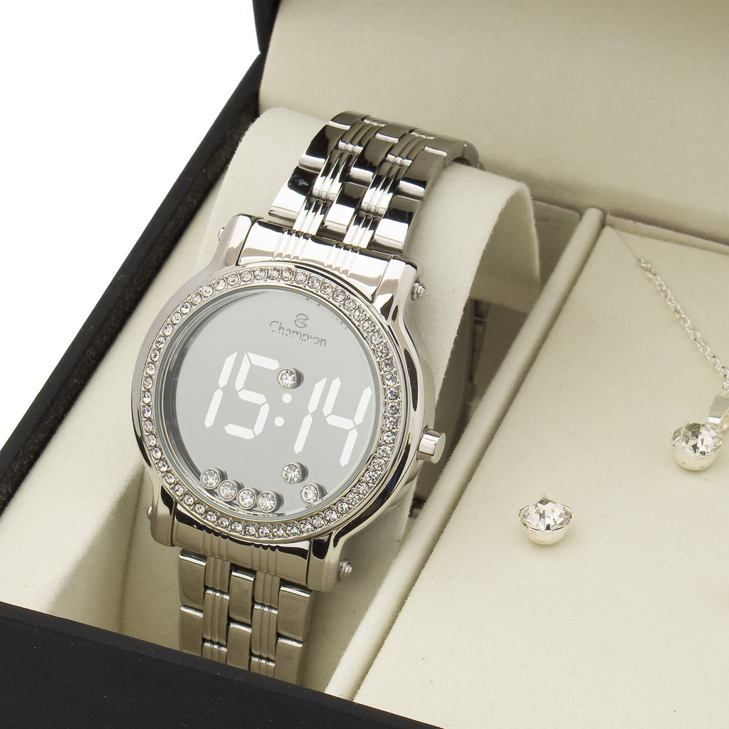 Relógio Digital Prata Feminino Champion Strass Led Original CH48055S
