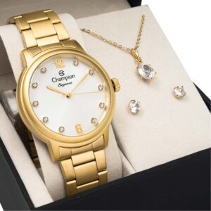 Relógio Dourado Fosco Champion Feminino Kit Colar e Brincos Original