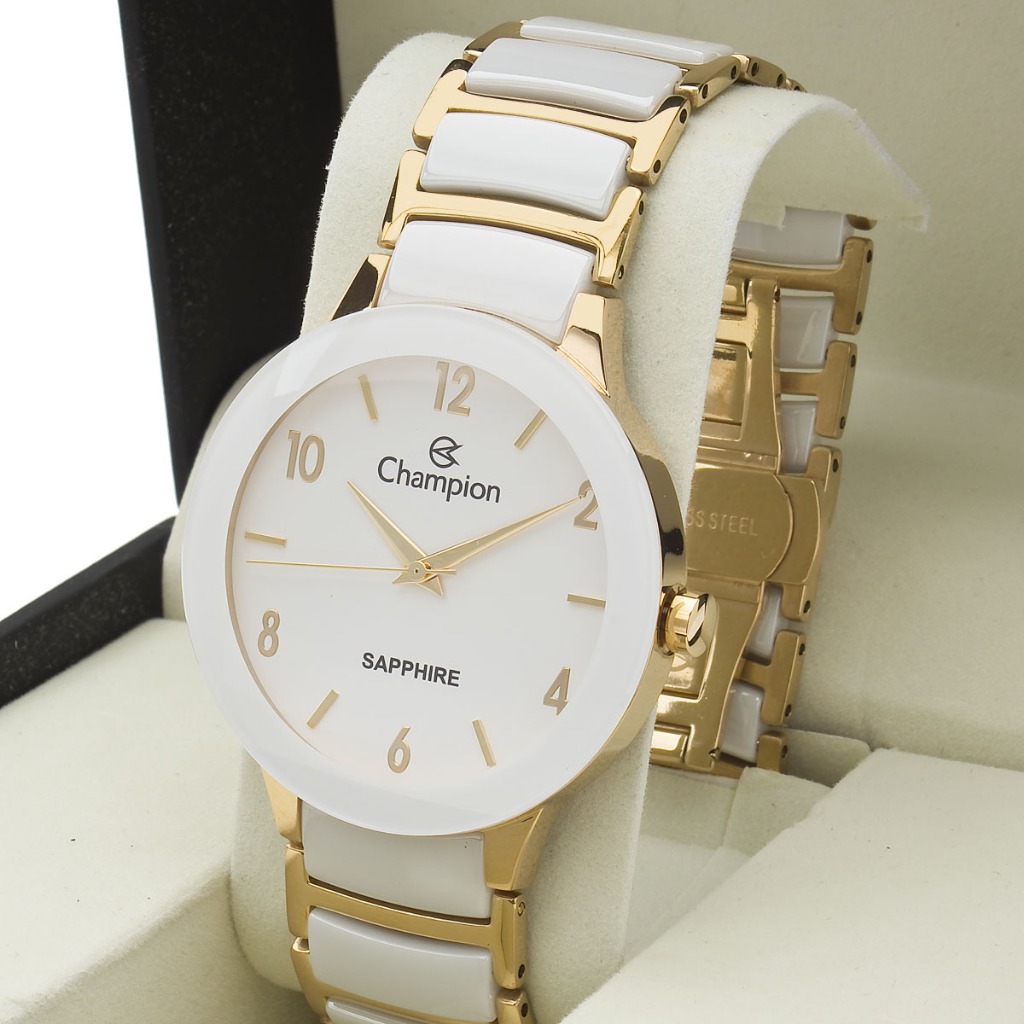 Relógio Feminino Ceramica Branco Safira Champion Luxo Original