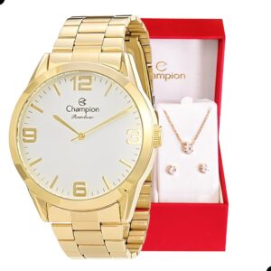Relógio Feminino Champion Analógico Dourado Kit de Brincos e Colar