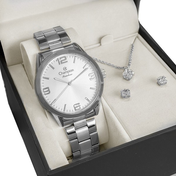Relógio Feminino Champion Analógico Prata CN29893C Original Conjunto