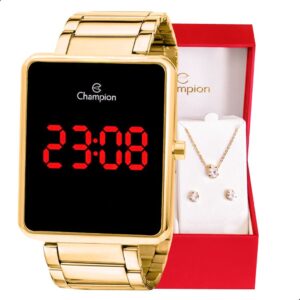 Relógio Feminino Champion Digital Dourado Colar e Brincos CH40086V