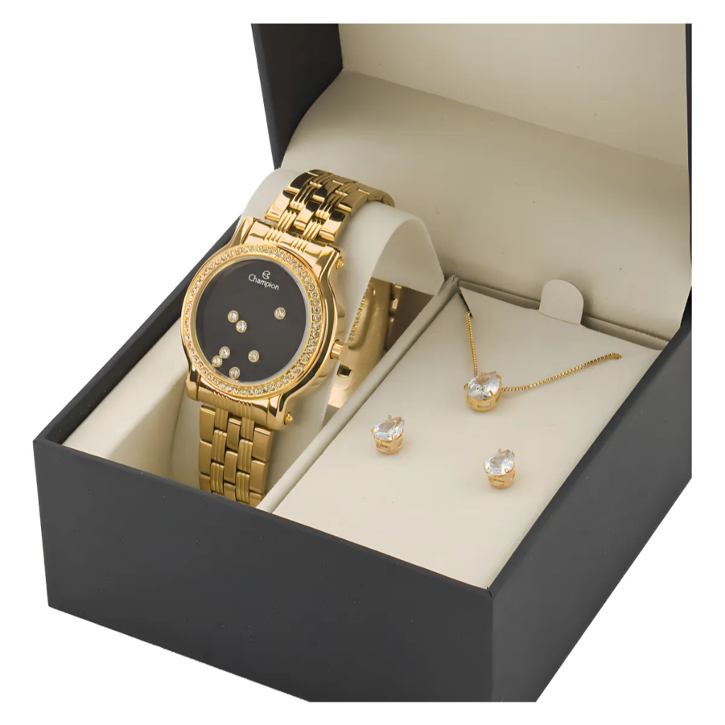 Relógio Feminino Champion Dourado Com Strass Digital Kit Colar e