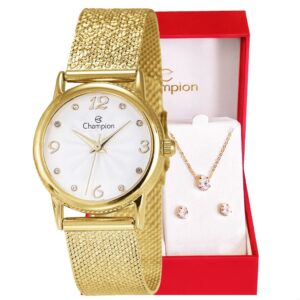 Relógio Feminino Champion Texturizado Mini Dourado Conjunto Colar e