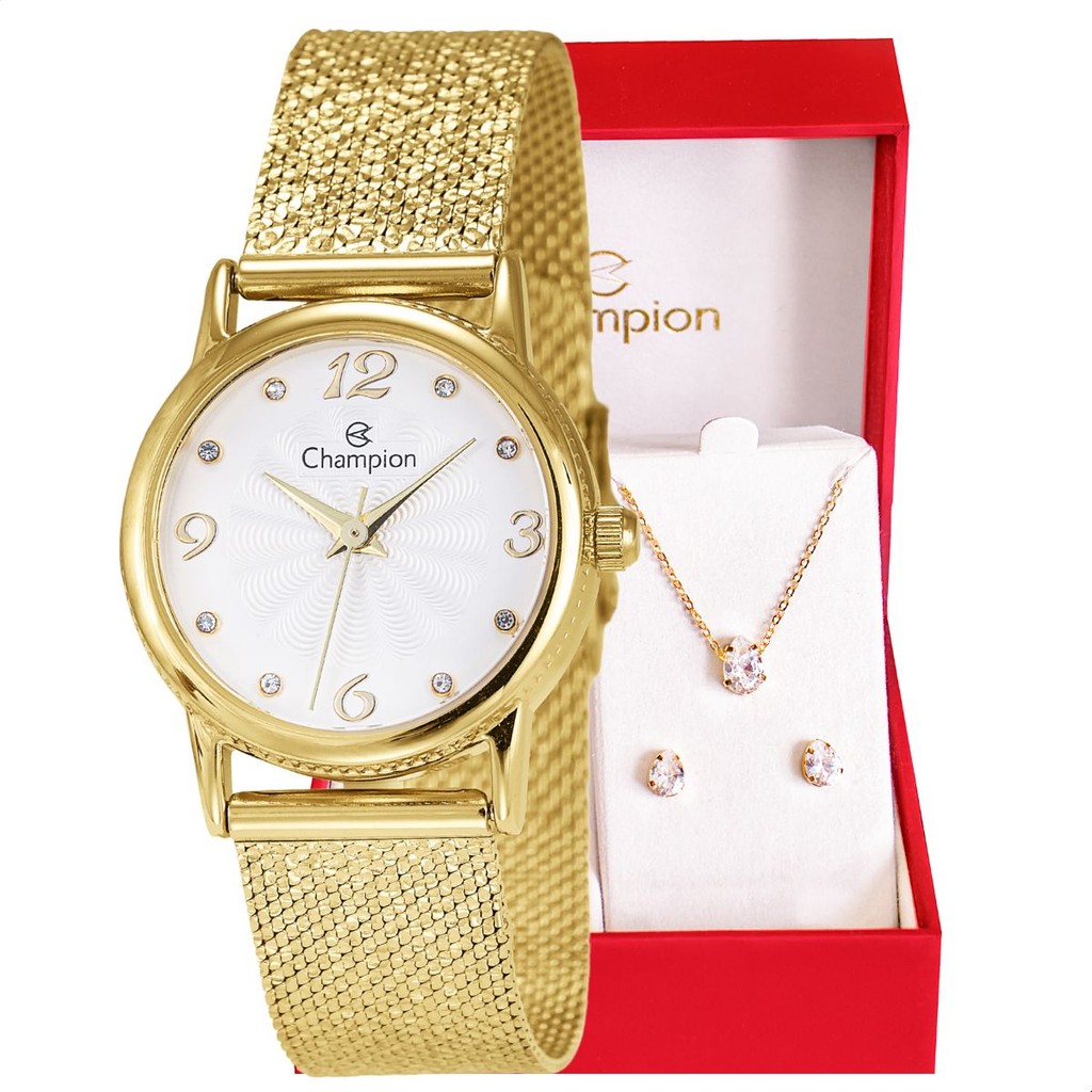 Relógio Feminino Champion Texturizado Mini Dourado Conjunto Colar e