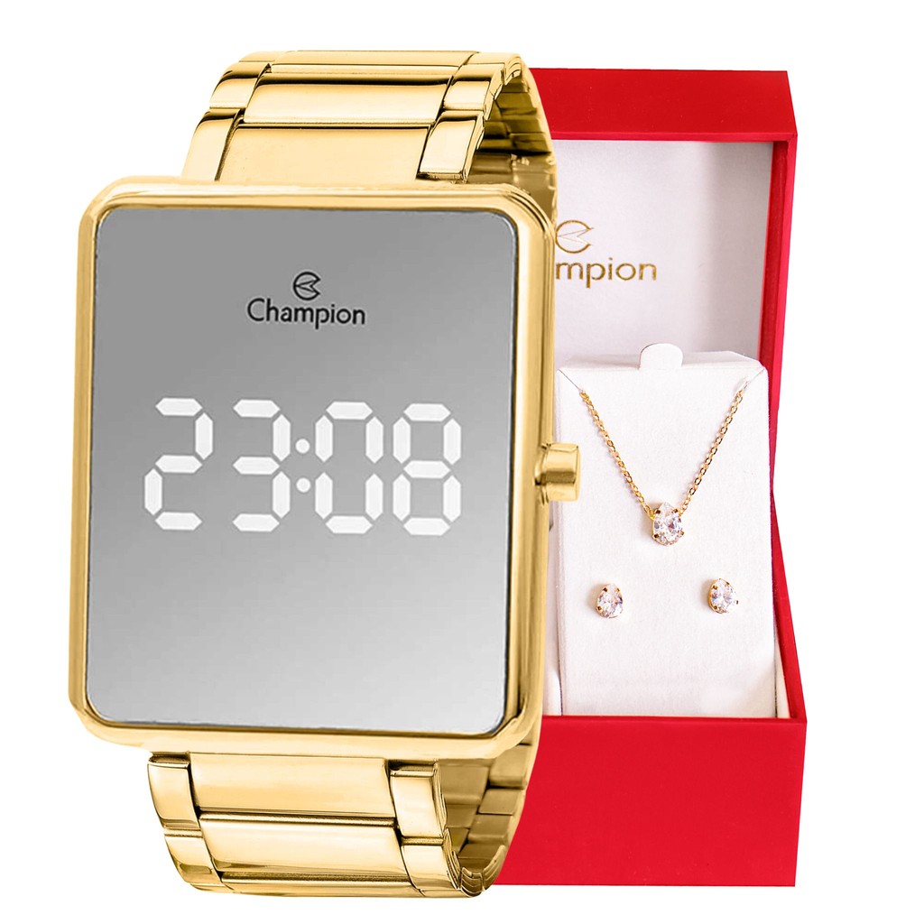 Relógio Feminino Digital Dourado Espelhado Conjunto Colar e brincos — Relógios e Óculos