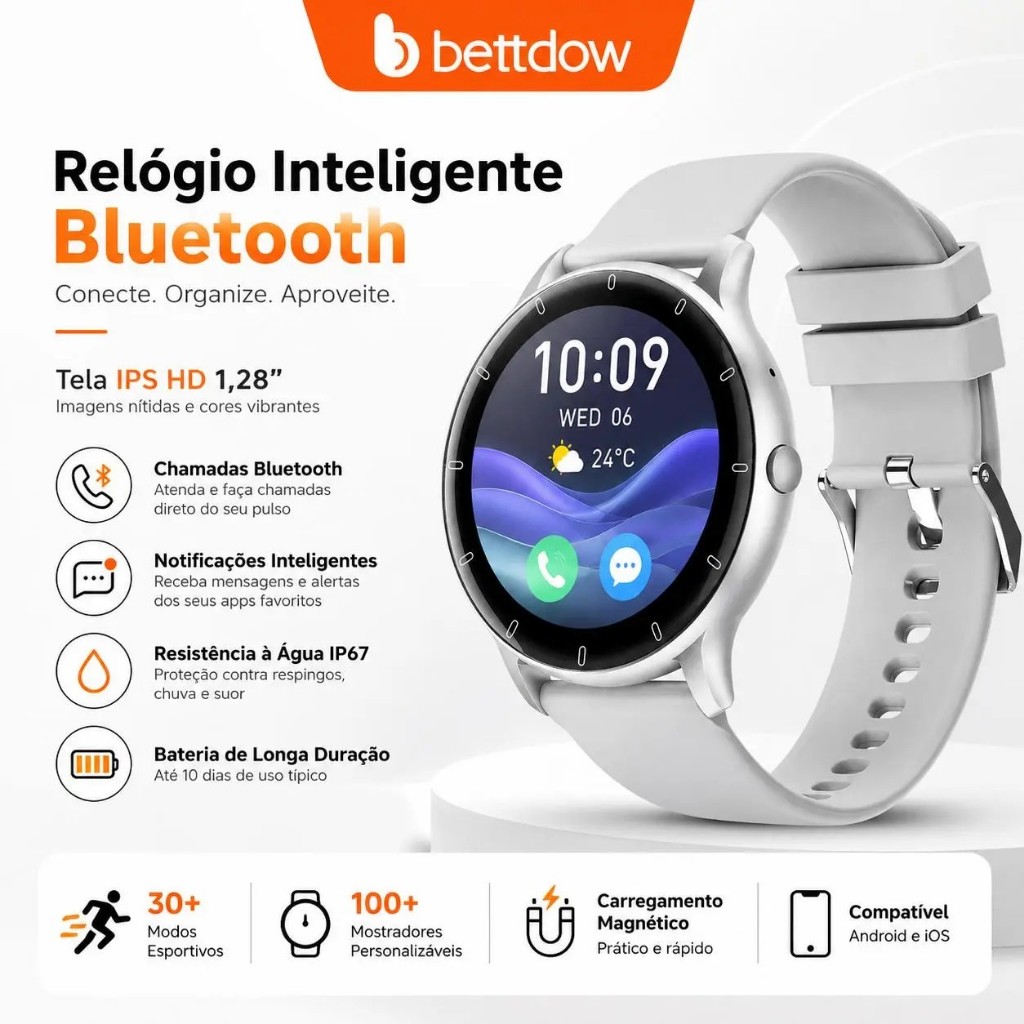 Relógio inteligente Bettdow, à prova d'água IP67, tela Ips curva de