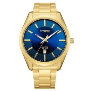 Relógio Masculino Analógico Citizen Dourado Luxo com Fundo Azul