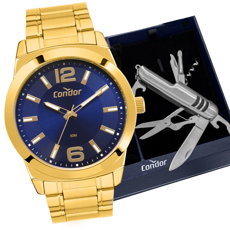 Relógio Masculino Analógico Condor Dourado com Fundo Azul Canivete