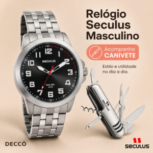 Relógio Masculino Com Canivete Seculus Analógico Em Aço Inox 44mm