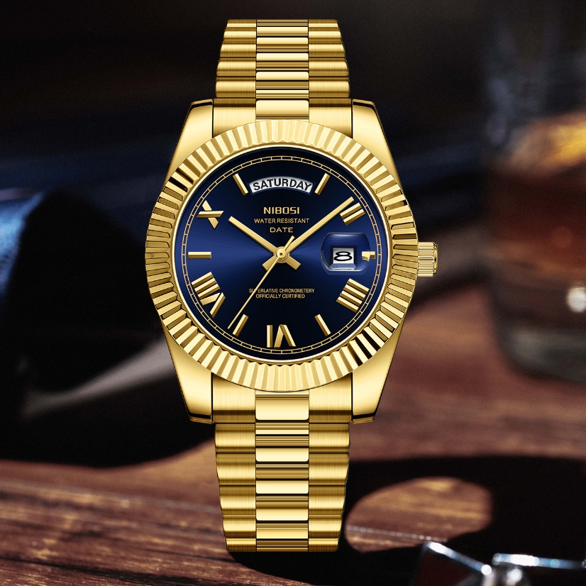 Relógio Masculino De Moda Empresarial Dourado Com Calendário De Luxo — Relógios e Óculos