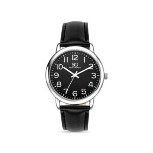 Relógio Masculino Preto Couro com Caixa Prata Fundo Preto Saint