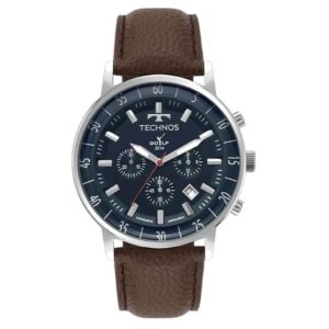 Relógio Masculino Technos Golf Prata Fundo Azul Pulseira Couro Marrom