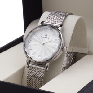 Relógio Prata Feminino Champion Original Linha Luxo Pulseira Leve