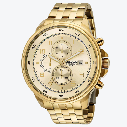 Relógio Seculus Masculino Dourado Chronograph Prova D'água