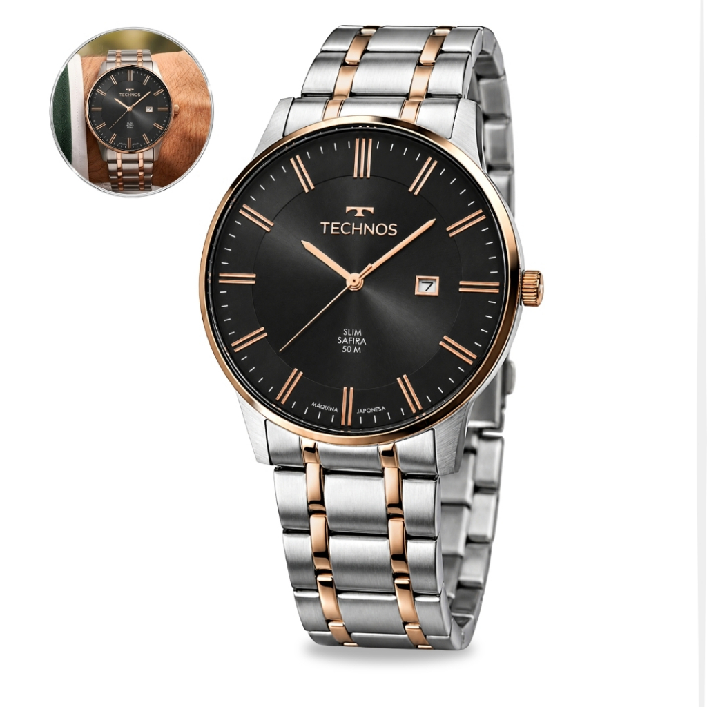 Relógio Technos Masculino Bicolor Prateado Com Rosê Slim Original