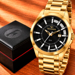 Relógio Technos Masculino Dourado Preto Original 1 Ano de Garantia