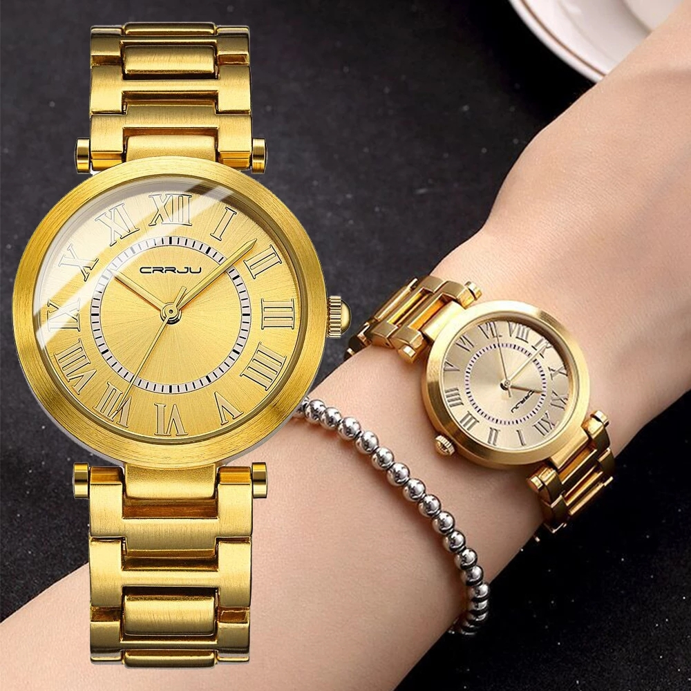 Relógios Femininos Crrju Marca De Luxo Gold Fashion Casual Aço