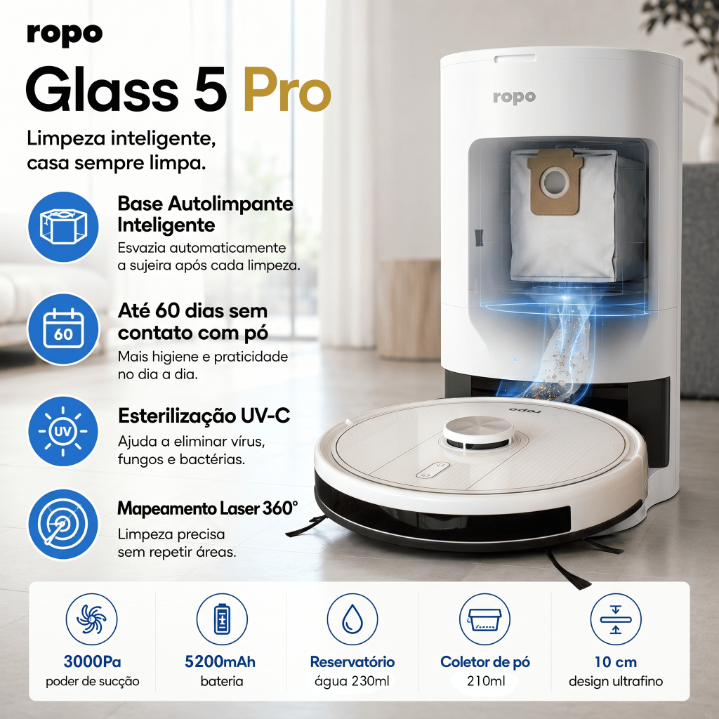 Robô Aspirador de Pó Ropo Glass 5 Pro 3 em 1 Mapeamento Laser — Eletroportáteis