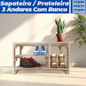 Sapateira de Madeira Banco para Hall de entrada Com 3 prateleiras