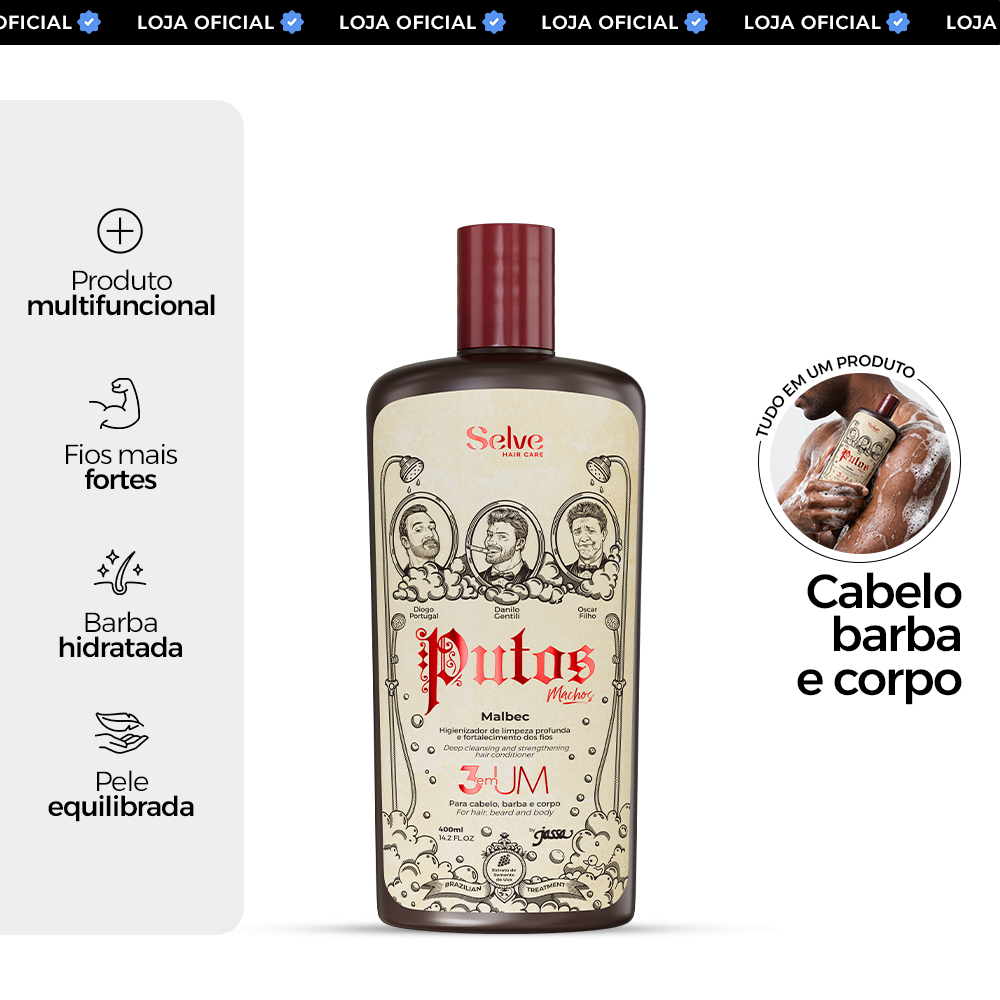 Shampoo Masculino 3 em 1: Limpa e Fortalece Putos Machos — Cabelos