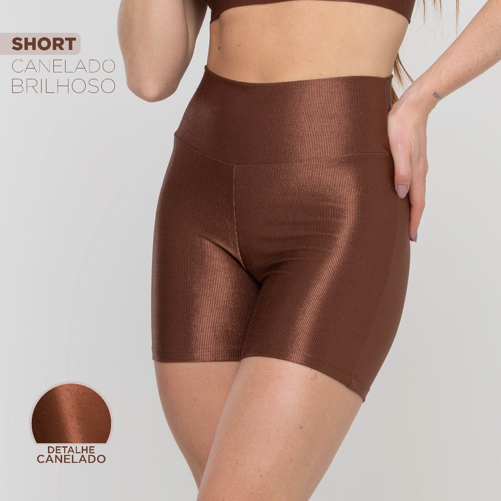Short Fitness Feminino Cós Alto Canelado Brilhoso Cós Alto