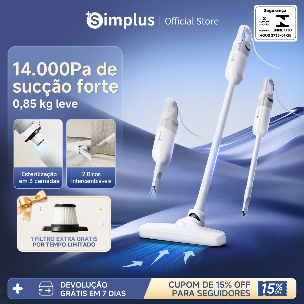 Simplus Aspirador de Pó Vertical 2 em 1 14000Pa Leve 0,85kg Portátil