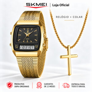 Skmei Relógio Masculino Vintage Quadrado Analógico Digital Dourado