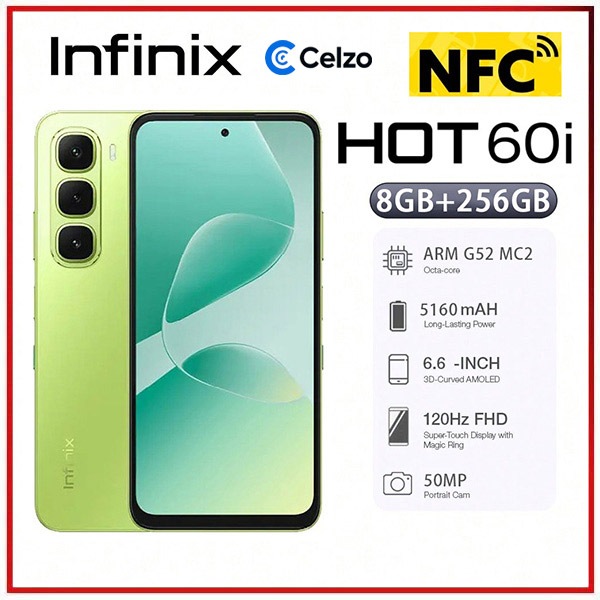 Smartphone Infinix Hot 60i NFC 4G Tela 6.7'' 8GB+256GB, Verde Prado — Celulares e Acessórios