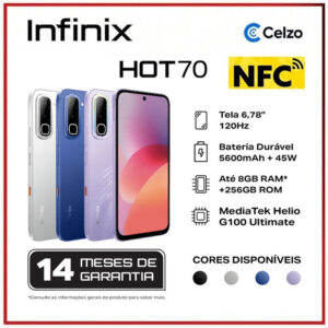 Smartphone Infinix Hot 70 4G 256GB 8GB RAM Tela 6.78” 120Hz Dimensity