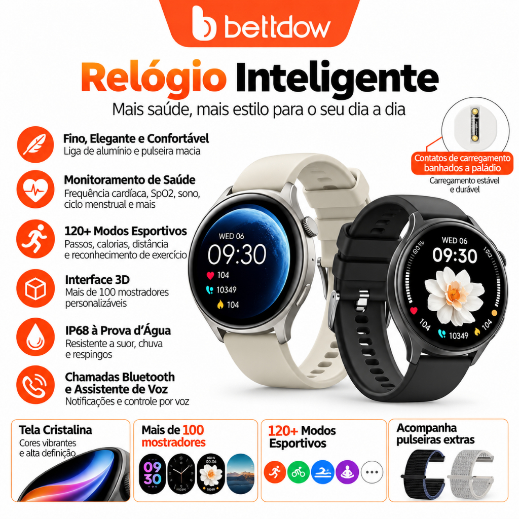 Smartwatch Bettdow FB060 IP68, liga de zinco, 3D dinâmico, monitora — Informática