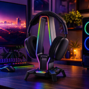 Suporte Headset com Hub USB Tipo C P2 LED RGB Luz Ambiente para Mesa