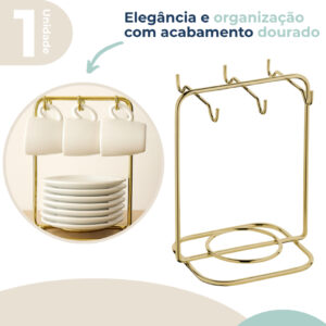 Suporte Organizador Porta Xícaras De Café e Pires Com 6 Ganchos