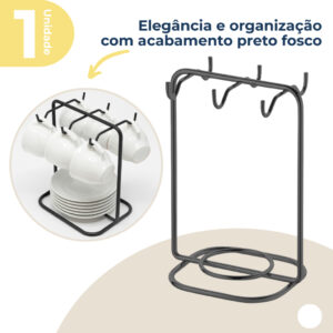Suporte Organizador Porta Xícaras De Café e Pires Com 6 Ganchos Preto