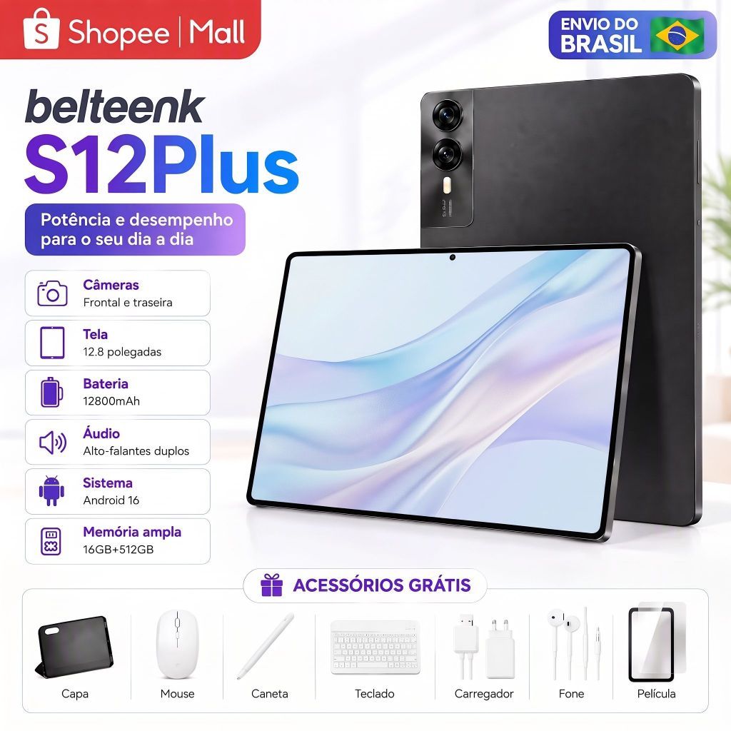 Tablet belteenk S12 Plus Android Tela Grande 12.8 FHD 16GB+512GB WiFi