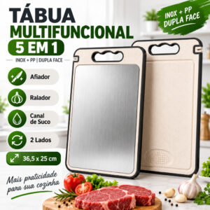 Tábua de Corte Inox Dupla Face 5 em 1 com Afiador e Ralador de Alho