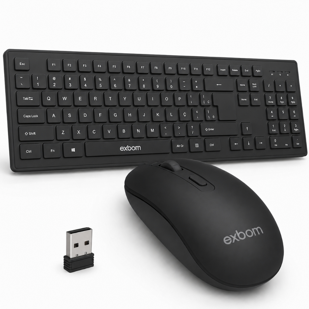 Teclado Sem Fio Preto Slim ABNT2 Mouse Ergonômico com Pilha Inclusa — Informática