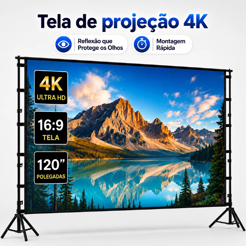 Tela do Projetor 120 100 Polegadas, Tela de Projeção Portátil 16:9 4K — TV e Vídeo