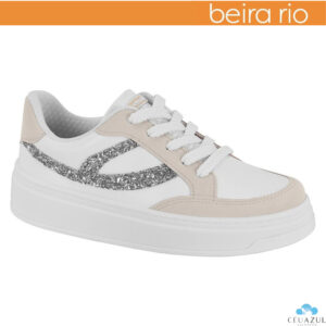 Tênis Casual Feminino Beira Rio Branco Detalhe Glitter Prata Recortes