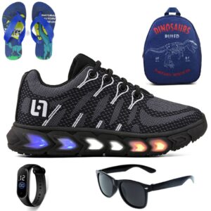Tenis Infantil De Led Meninos Casual Preto Preto Com Luzes Mochila