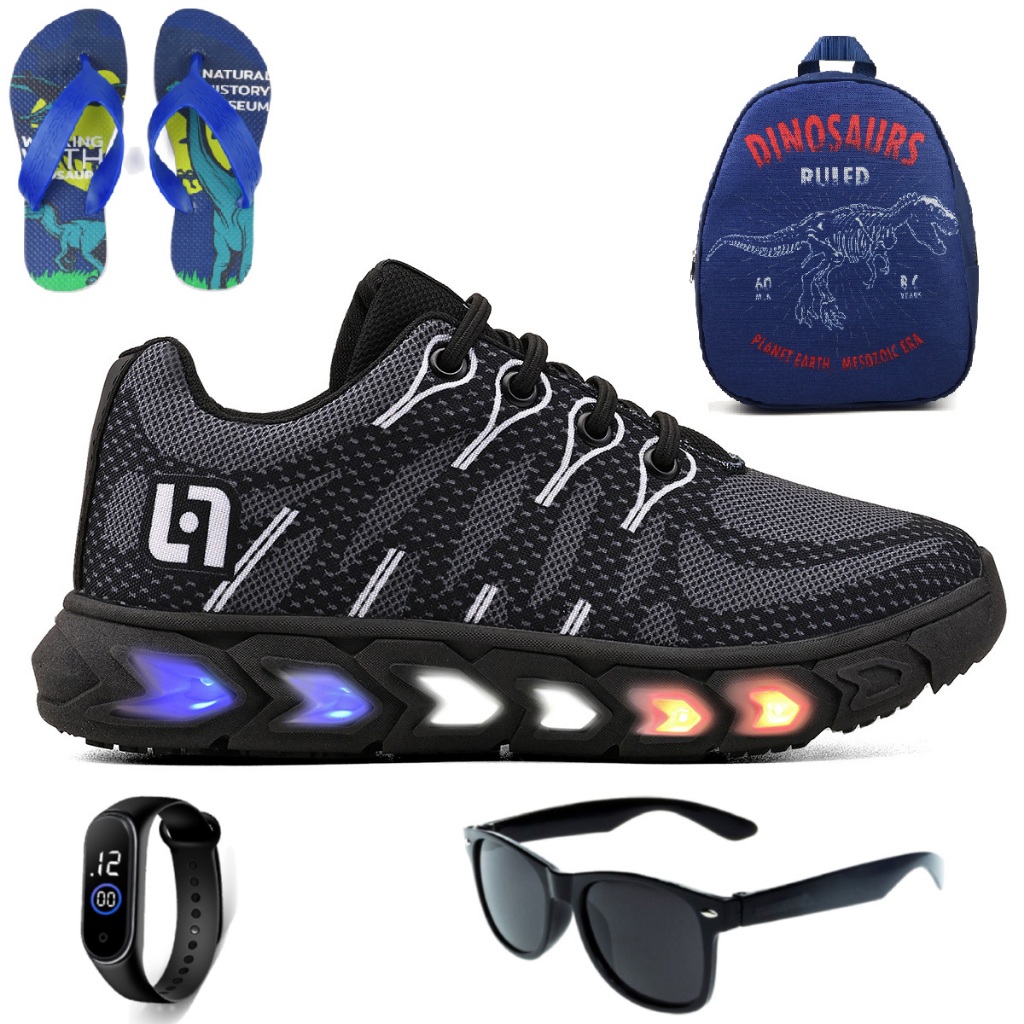 Tenis Infantil De Led Meninos Casual Preto Preto Com Luzes Mochila — Bolsas e Mochilas